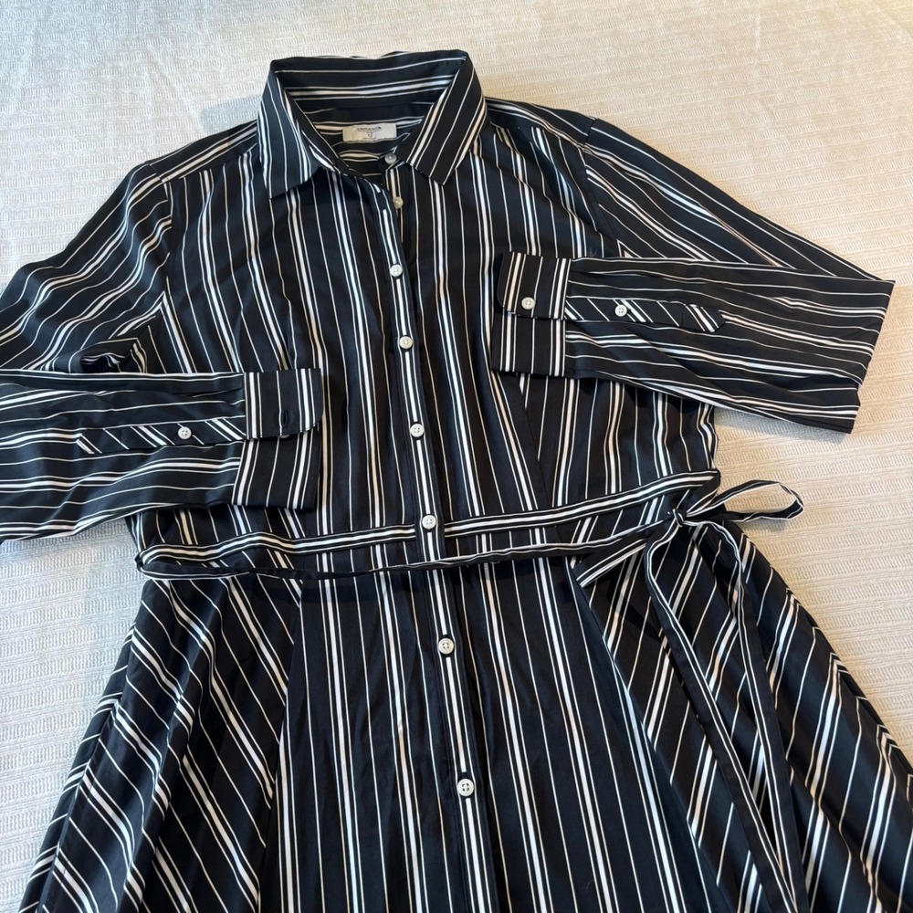 UNTUCKit Willow Black White Striped Button Front Belted Shirt Dress Womens 12
